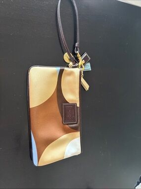 Coach Multicolor Abstract Leather-Trim Wristlet in Brown, Tan & Light Blue